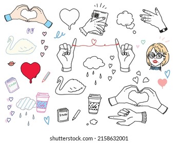 Illustrations of black and white, monotone, and line drawings.Handwriting, fashion, magazines, fashion, cute, person, heart, hands.	