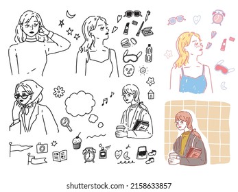  Illustrations of black and white, monotone, and line drawings.Handwriting, fashion, magazines, fashion, cute, person, clothes.