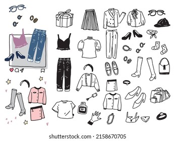 Illustrations of black and white, monotone, and line drawings.Handwriting, fashion, magazines, fashion, cute, shoes, clothes, accessories.