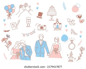 Illustrations of black and white, monotone, and line drawings.Weddings, couples, invitations, rings, happiness.
