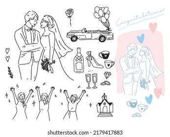 Illustrations of black and white, monotone, and line drawings.Weddings, couples, invitations, rings, happiness.
