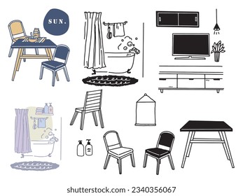 Illustrations in black and white, monotone, and line drawings.Handwriting, fashion, magazines, fashion, cuteness, interior decoration and furniture.