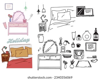 Illustrations in black and white, monotone, and line drawings.Handwriting, fashion, magazines, fashion, cuteness, interior decoration and furniture.