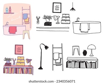 Illustrations in black and white, monotone, and line drawings.Handwriting, fashion, magazines, fashion, cuteness, interior decoration and furniture.