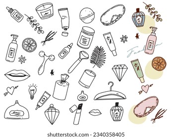 Illustrations in black and white, monotone, and line drawings.Handwriting, fashion, fashion, cuteness, interior decoration, cosmetics.