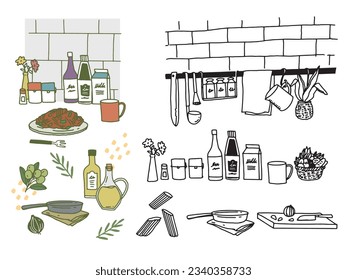 Illustrations in black and white, monotone, and line drawings.Handwriting, Stylish, Magazine, Fashion, Cute, Interior, Kitchen and Cooking.