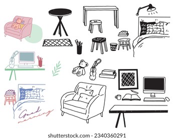 Illustrations in black and white, monotone, and line drawings.Handwriting, fashion, magazines, fashion, cuteness, interior decoration and furniture.