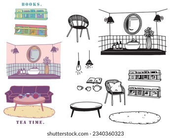 Illustrations in black and white, monotone, and line drawings.Handwriting, fashion, magazines, fashion, cuteness, interior decoration and furniture.