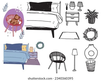 Illustrations in black and white, monotone, and line drawings.Handwriting, fashion, magazines, fashion, cuteness, interior decoration and furniture.