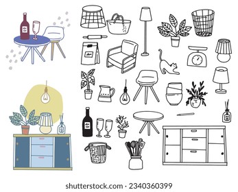 Illustrations in black and white, monotone, and line drawings.Handwriting, fashion, magazines, fashion, cuteness, interior decoration and furniture.