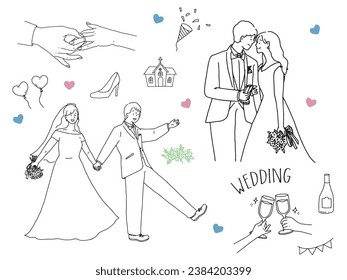 Illustrations of black and white, monotone, and line drawings.Weddings, couples, invitations, rings, happiness.