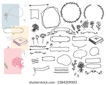 Illustrations in black and white, monotone, and line drawings.Handwriting, fashion, flowers, frames and decorations.