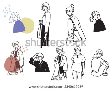 Illustrations in black and white, monotone, and line drawings.Handwriting, fashion, magazines, fashion, cute, girls and people.	
