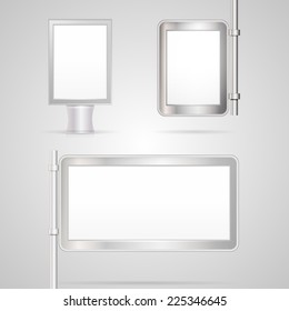Illustrations of blank City Light mock up. Blank white vertical and wall city light mock-up with gray frame. Isolated illustrations on gray background.