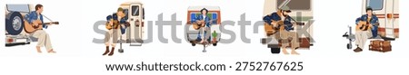 Illustrations of a bohemian man playing acoustic guitar while sitting on vintage camper vans, capturing the essence of nomadic life and musical road trips.