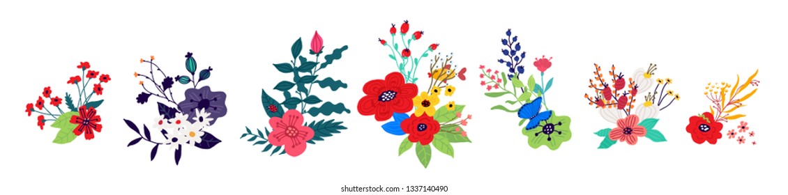 Illustrations of bouquets of flowers. Vector. Buds and stems, floristics. Composition of plants and herbarium. Cartoon style. The image of summer and spring. Pattern for clothes.
