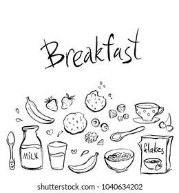 Illustrations of breakfast with images of cookies, berries, oat flakes and milk.