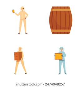 Ilustraciones de los empleados de la cervecería que contienen cerveza, llevan cajas y presentan queso