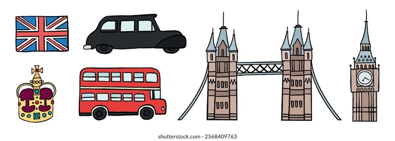 Illustrations of British icons: Union Jack, black taxi, red bus, Tower Bridge, Big Ben, and royal crown. British symbols in a simple, colorful style. London travel illustrations vector set.