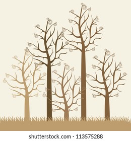 illustrations of brown trees without leaves, vector illustration