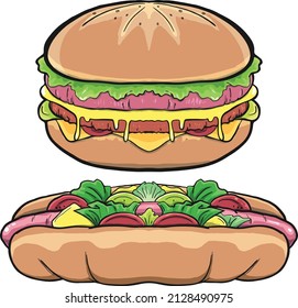 illustrations of a burger and a hotdog