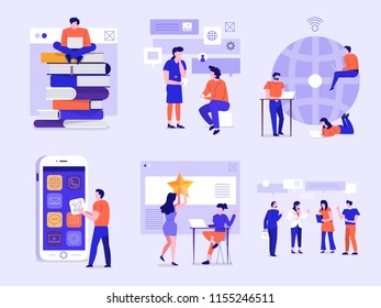 Illustrations of business characters engageing action posture working on business and technology via grapic interface device. Vector set illustrate.