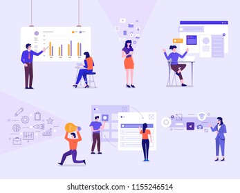 Illustrations of business characters engageing action posture working on business and technology via grapic interface device. Vector set illustrate.