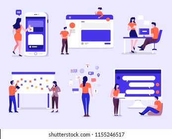 Illustrations of business characters engageing action posture working on business and technology via grapic interface device. Vector set illustrate.