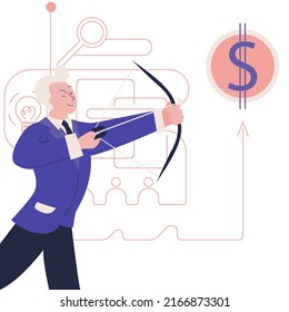 Illustrations of business marketing. A young man aims to achieve his goal. The concept of finding your business and ideas