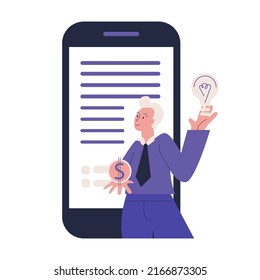Illustrations of business marketing. A young man has created his business online and earns money from it.