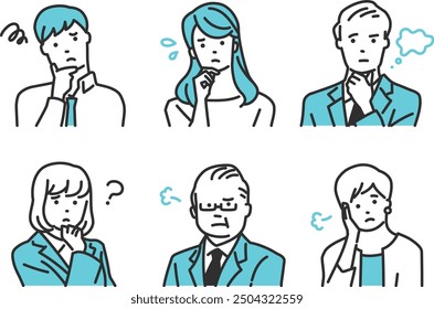 Illustrations of business people in various poses, all expressing concern, confusion, or worry. The characters include both men and women, shown from different perspectives: bust-up, half-body, and fu