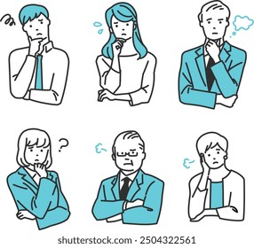 Ilustraciones de personas de negocios en varias poses, todas expresando preocupación, confusión o preocupación. Los personajes incluyen tanto a hombres como a mujeres, mostrados desde diferentes perspectivas: busto, medio cuerpo y diversión