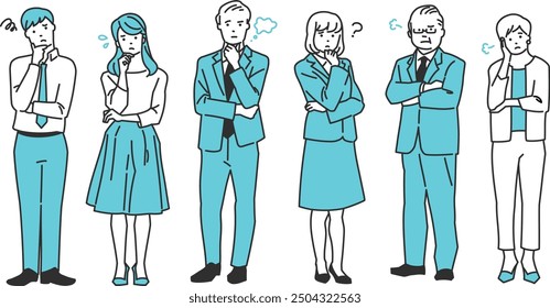 Ilustraciones de personas de negocios en varias poses, todas expresando preocupación, confusión o preocupación. Los personajes incluyen tanto a hombres como a mujeres, mostrados desde diferentes perspectivas: busto, medio cuerpo y diversión