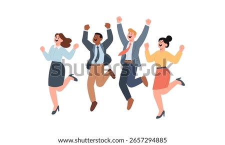 Illustrations of business professionals are shown jumping for joy, raising their hands, wearing business attire.