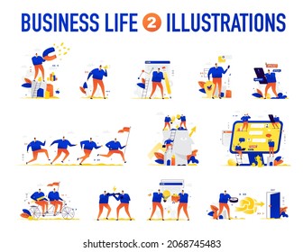Illustrations of business situations. Vector. The team is solving problems. Creative brainstorming. Achievement and fulfillment of the assigned tasks. Employees of the company.