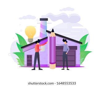Illustrations for businesses, educational projects and new ideas with people, pencils, houses and light bulbs with a blue background. Online technology. Vector illustration, flat style