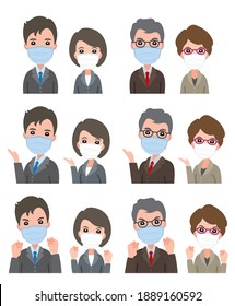 Illustrations of businessman and business woman. Wear a mask. 