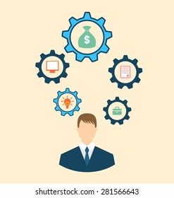 Illustrations Businessman Head with Cogwheels. Brain Storming, Successful Business Idea Concept. Vector