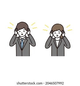 Illustrations of businessmen and businesswomen suffering from tinnitus and headaches