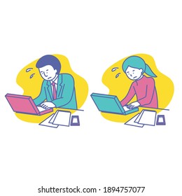 Illustrations of businessmen and businesswomen working hard toward a computer