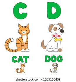 Illustrations of C and D letters for alphabet. Cat and Dog in funny cartoon style.