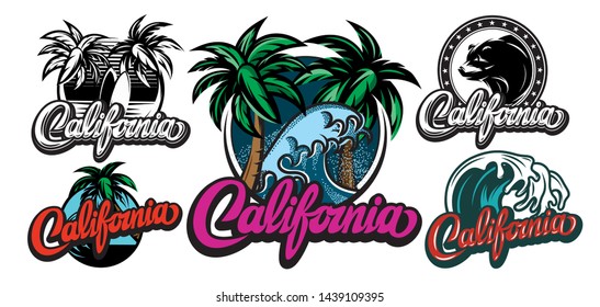 Illustrations with calligraphic lettering California and palm trees.