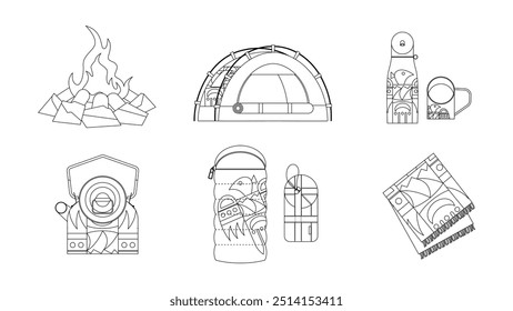 Illustrations of camping gear decorated with Native American patterns, outline style,including sleeping bags, blankets, tents, and more