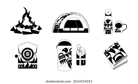 Illustrations of camping gear decorated with Native American patterns, monochrome style, including sleeping bags, blankets, tents, and more