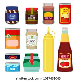 Illustrations of canned goods. Conservation of tomato, fish, vegetables and other foods. Vector food goods and conserve tomato soup