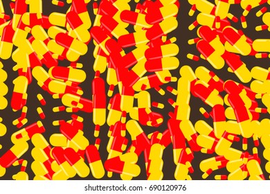 Illustrations of capsules, medicine or pills. Good for web page, wallpaper, graphic design, catalog, texture or background. Pharmacy health conceptual. Vector graphic.