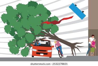 Illustrations of a car trapped under a gust of wind and fallen trees, a bicycle being pushed over, and pedestrians evacuating