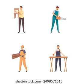 Illustrations of carpenters with tools, engaged in various woodworking activities