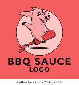 Illustrations of Cartoon Character BBQ Sauce Logo Design. Pork with bottle sauce character concept design.