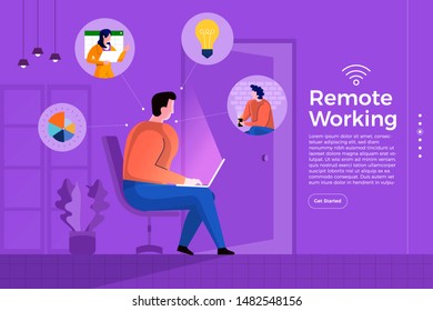 Illustrations cartoon flat design concept remote working. Everywhere can be office with technology internet and wifi for connecting worker and resource. Vector illustrate.